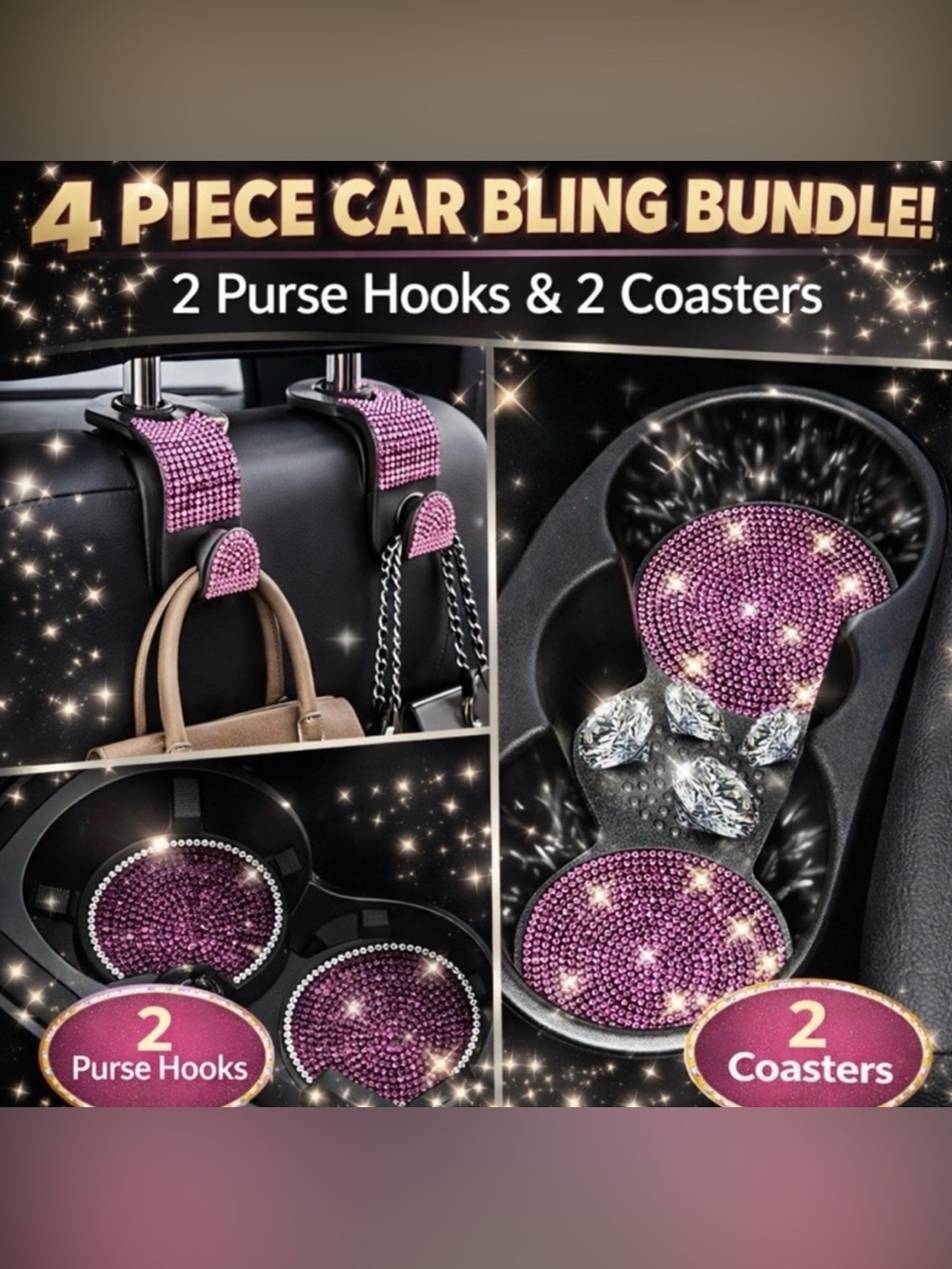 Bling Car Purse Hooks & Cup Coasters Set - Purple